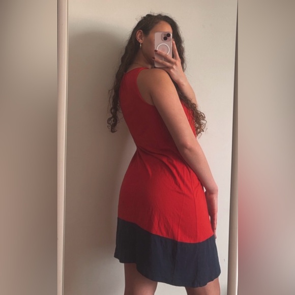 Lauren Ralph Lauren Red & Navy Color Block Cotton Embroidered Monogram Dress - Picture 2 of 9